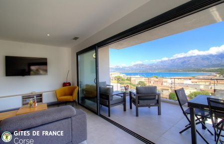 Gite n&deg;64181 Calvi - Corse - G&icirc;te &agrave; Calvi, La Balagne, Haute-Corse, labellis&eacute; G&icirc;tes de France : G&icirc;te &agrave; Calvi, La Balagne, Haute-Corse, labellis&eacute; G&icirc;tes de France : le s&eacute;jour/cuisine avec vue mer et montagnes